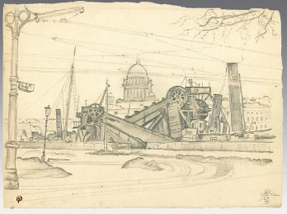 null Les quais de la Neva, Saint-Pétersbourg, 1922 Projet pour une lithographie....
