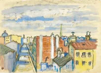 null Vue des toits à Saint-Pétersbourg, 1923 Gouache, aquarelle et fusain sur papier....
