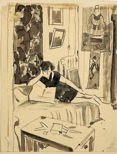 null Femme de l'artiste lisant chez eux à Paris, 1927 Lavis sur papier (petits manques...