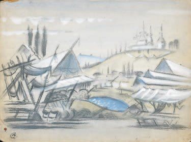 null La foire de Sorotchinsk, New York, 1942 Variation sur le décor. Gouache et crayon...