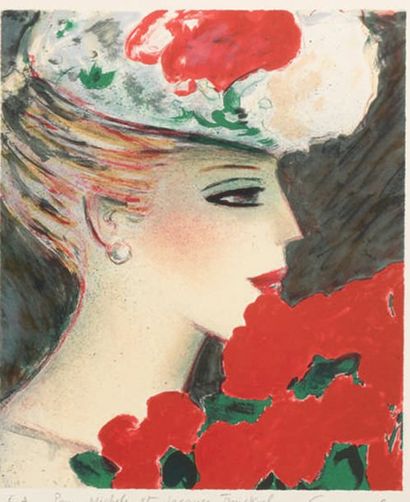 Jean-Pierre CASSIGNEUL [Élégante au bouquet]. Lithographie. 340 x 285 cm. Impression...