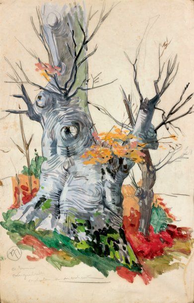 Mathurin MEHEUT (1882-1958) Le vieil arbre Gouache sur papier, monogrammée avec envoi...