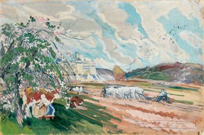 Mathurin MEHEUT (1882-1958) Labourage de printemps en Ile de France Gouache sur papier...