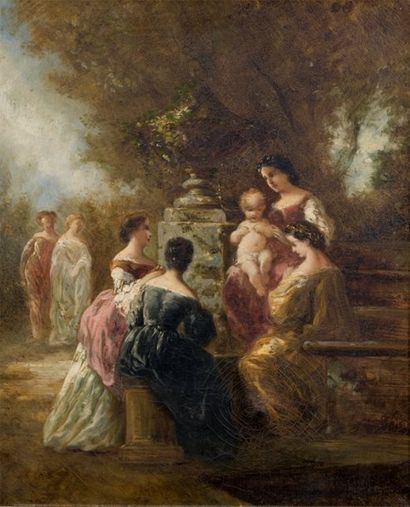 Adolphe-Joseph-Thomas MONTICELLI (1824-1886) Femmes admirant le bébé Huile sur toile,...