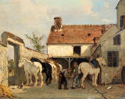 Jules VEYRASSAT (1828-1893) Chevaux chez le maréchal-ferrant Huile sur panneau d'acajou,...