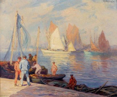 Henri BARNOIN (1882-1940) Les pêcheurs à quai Huile sur toile signée en haut à droite....
