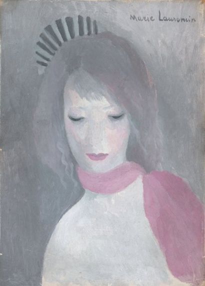 Marie LAURENCIN (1883-1956) Jeune fille à l'écharpe rose Huile sur carton, signée...