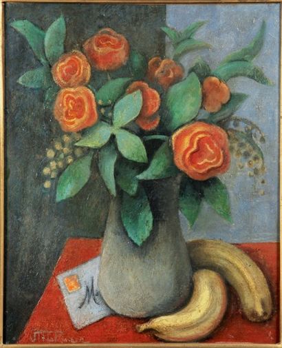 Jean METZINGER (1883-1956) La lettre et le vase de roses Huile sur toile, signée...