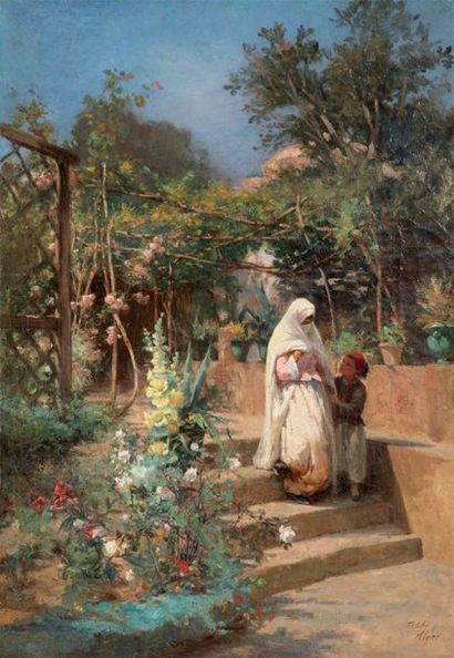 Ilys TODD (XIXe-XXe siècles) Orientale voilée et son fils au jardin Huile sur toile,...