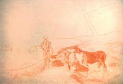 Emile René Ménard (1861/62-1930) 
Jeunes pâtres gardiens de bovins dans un paysage...