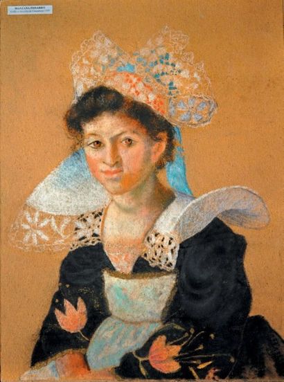 Manzana PISSARRO (1871-1961) 
Jeune Bretonne, vers 1910
Dessin, pastel et rehauts...