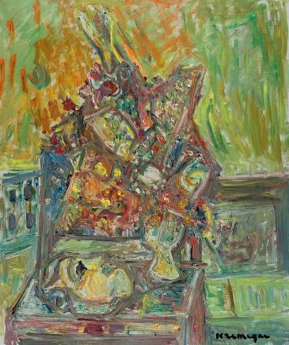 Pinchus KREMEGNE (1890-1981) Nature morte à la chaise et masque
Huile sur toile,...