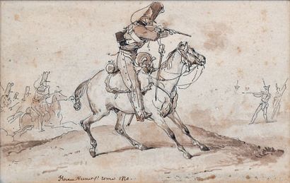 Émile Jean Horace VERNET (Paris, 1789-1863) Militaire à cheval
Plume et encre noire,...