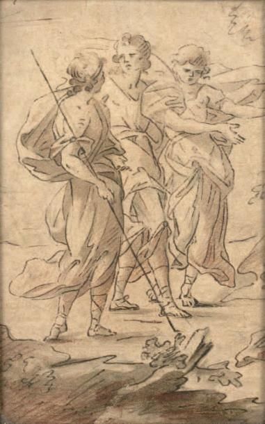 Ecole italienne du XVIIe siècle Abraham guidé par les anges
Plume et encre brune,...
