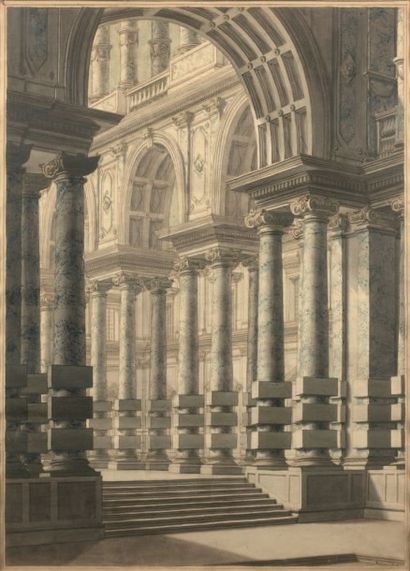 ECOLE NÉOCLASSIQUE Intérieur de palais avec colonnade
Aquarelle, plume et encre brune.
Signé...