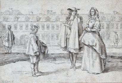 Attribué à Sébastien LECLERC (Metz, 1637 - Paris, 1714) La Place Royale avec un couple...