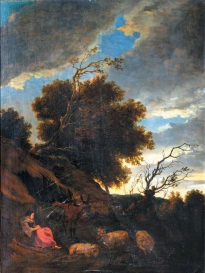 Attribué à Simon van der DOES (1653-1718) Paysage avec une bergère et son troupeau
Panneau...