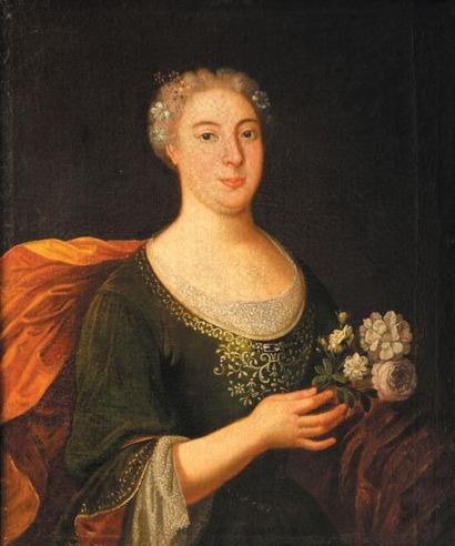 École FRANÇAISE du XVIIIe siècle Femme de qualité tenant une fleur
Huile sur toile.
71...