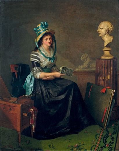 Marie Victoire LEMOINE (Paris, 1754-1820) Femme artiste dans son atelier
Toile.
(Restaurations).
88,5...