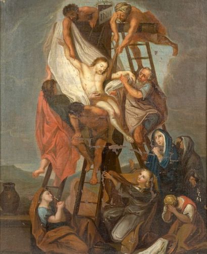 École FRANÇAISE du XVIIIe siècle La descente de croix
Toile.
(Manques).
82 x 64,5...