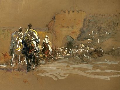 Henri ROUSSEAU (1875-1933) Cavaliers arabes sortant du Ksar Gouache et crayons de...