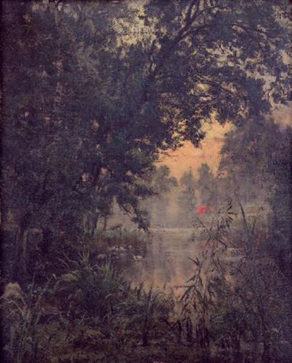Alexandre NOZAL (1852-1929) Coucher de soleil sur la mare aux canards Huile sur toile...