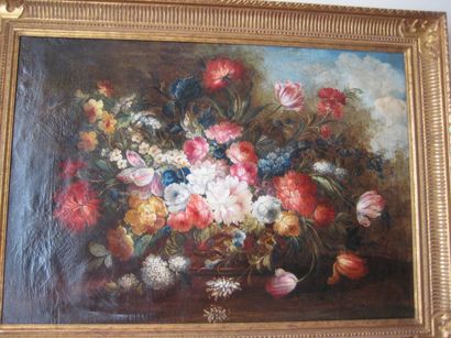 Vers 1900 Vasque de fleurs devant un paysage
Toile
69 x 99 cm
(restaurations)