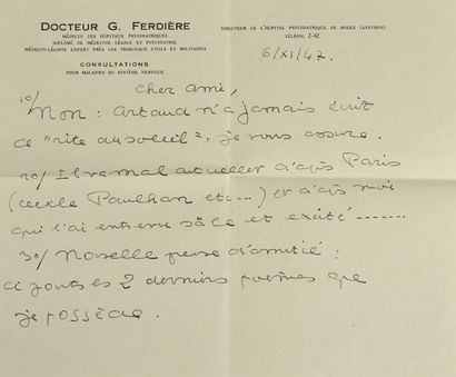 [ARTAUD Antonin] Docteur Ferdière: ensemble de sept LAS à Marc Barbezat, la plupart...