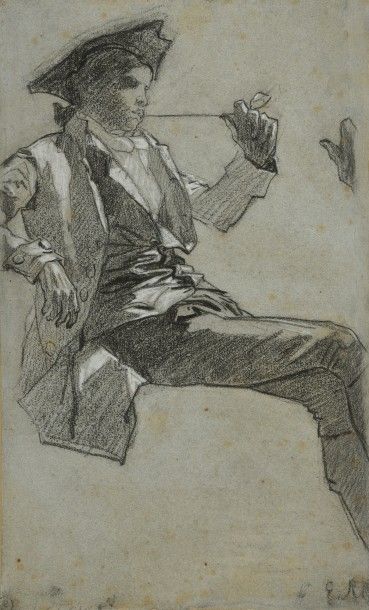 Ecole française dans le goût du XVIIIème siècle «Homme fumant»
dessin. 51 x 31 c...