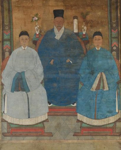 null Trois dignitaires, peinture sur tissu marouflé sur toile.
XVIIème siècle
127...