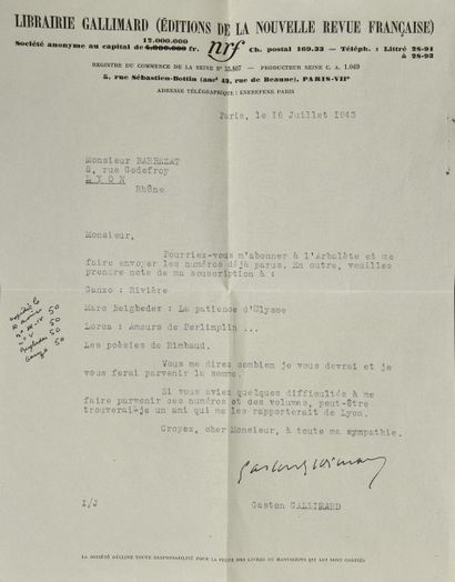 GALLIMARD Gaston LAS à Marc Barbezat, 1943 «merci de m'abonner à l'arbalète».
On...