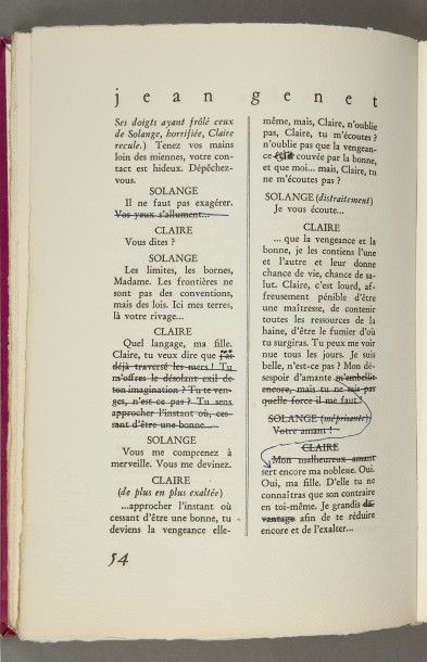 GENET Jean «Les bonnes» revue l'Arbalète, 1947 n°12, corrections manuscrites du texte...