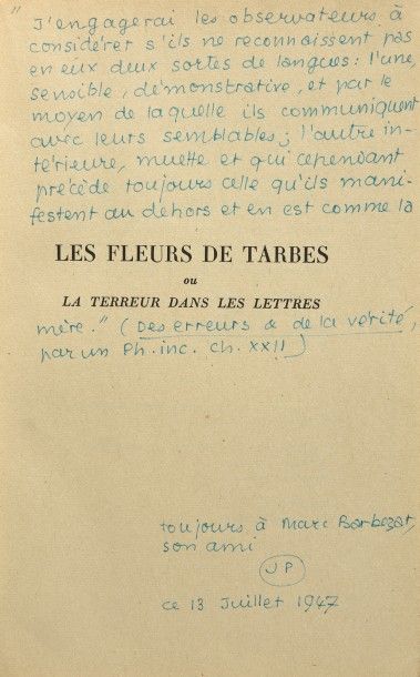 PAULHAN Jean «Les fleurs de Tarbes», NRF 1941.
Avec envoi pour Marc Barbezat, monogrammé...