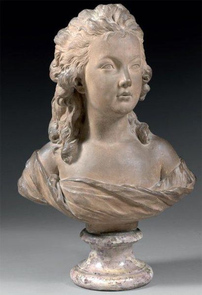 Augustin PAJOU (1730 - 1809) Jeune fille Buste en terre cuite. Haut. : 49,8 cm (avec...