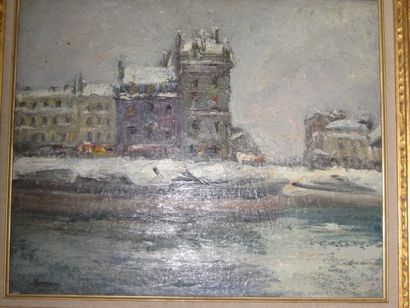 VAN MAUDIC (?) (XXème Siècle) "Bords de Seine sous la neige", huile sur toile toile...