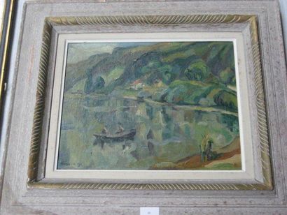 GUSBAK (?) (XXème Siècle) "Bord de rivière", huile sur toile signée en bas à gauche...