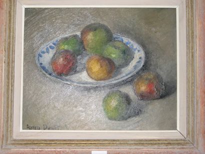 Alfred DUNET (1889-1939) "Nature morte aux pommes", huile sur caton signée en bas...