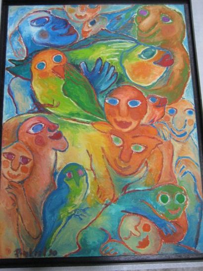 Monique PEYTRAL (Née en 1926) "Le poisson raconte", acrylique sur toile signée et...