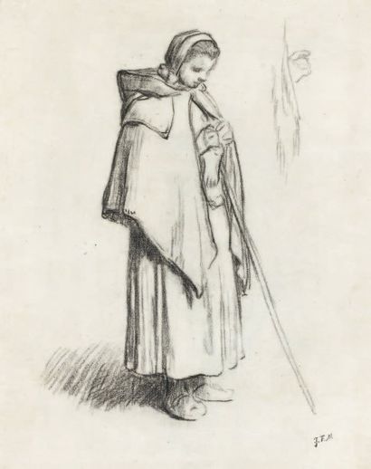 Jean-François MILLET (1814-1875) Jeune bergère Crayon sur papier. (restaurations)....