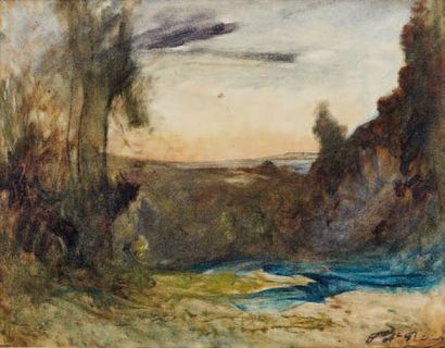 François Auguste RAVIER (1814-1895) Paysage Huile et aquarelle sur carton. Porte...