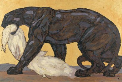 Paul JOUVE (1878-1973) Panthère dévorant un paon blanc. Huile sur papier marouflé...
