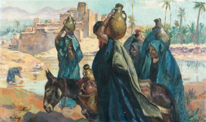 Henry PONTOY (1888-1968) Porteuses d'eau, sud marocain Huile sur toile. Signée en...