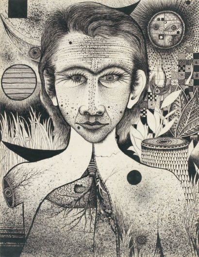 Antoni TAPIES (Né en 1923) Composition surrealiste au visage 1950 Encre sur papier....