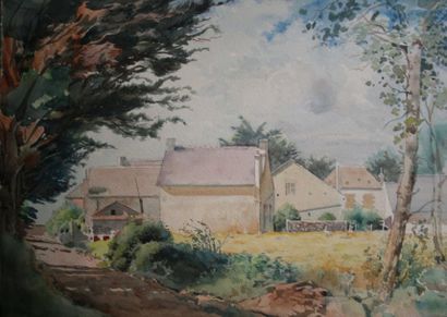 Eugène DAMBLANS 1865-1945 Village en arrière-plan Ensemble de 2 aquarelles Signée...