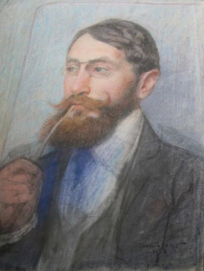 Eugène DAMBLANS 1865-1945 Autoportrait à la pipe, 1913 Pastel Signé et daté en bas...