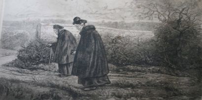 Eugène DAMBLANS 1865-1945 Deux femmes sur le chemin Eau forte et pointe sèche Signée...