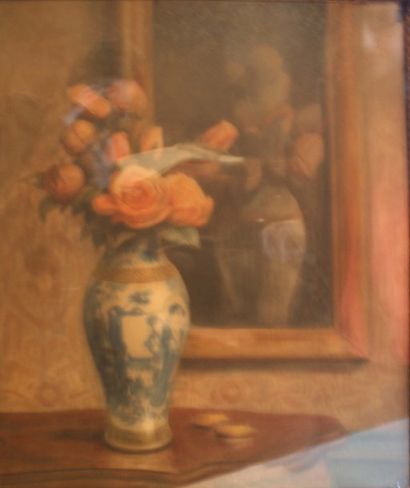 Eugène DAMBLANS 1865-1945 Bouquet de roses dans un vase chinois Aquarelle Signée...