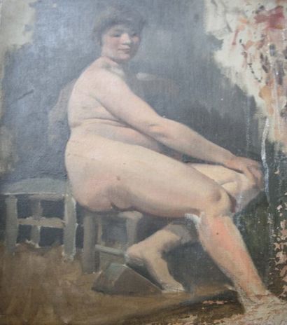 Eugène DAMBLANS 1865-1945 Nu sur une chaise Esquisse à l'huile sur toile Signée du...