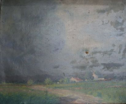 Eugène DAMBLANS 1865-1945 Près du village Huile sur toile Signée du cachet 33 x 41...