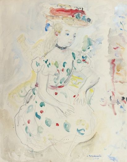 Constantin TERECHKOVITCH (1902-1978) Jeune fille au chapeau fleuri Aquarelle et mine...